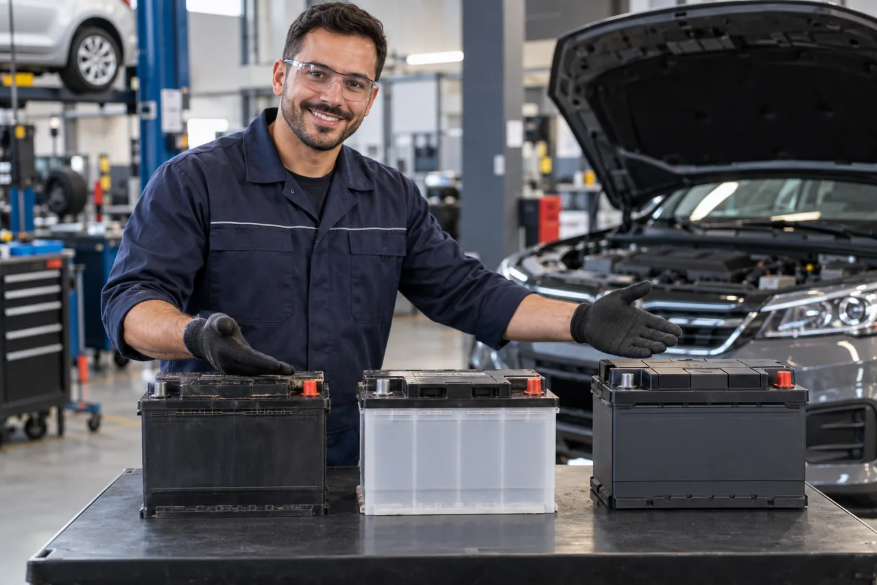 Técnico comparando baterias AGM EFB e convencional para veículo Start-Stop