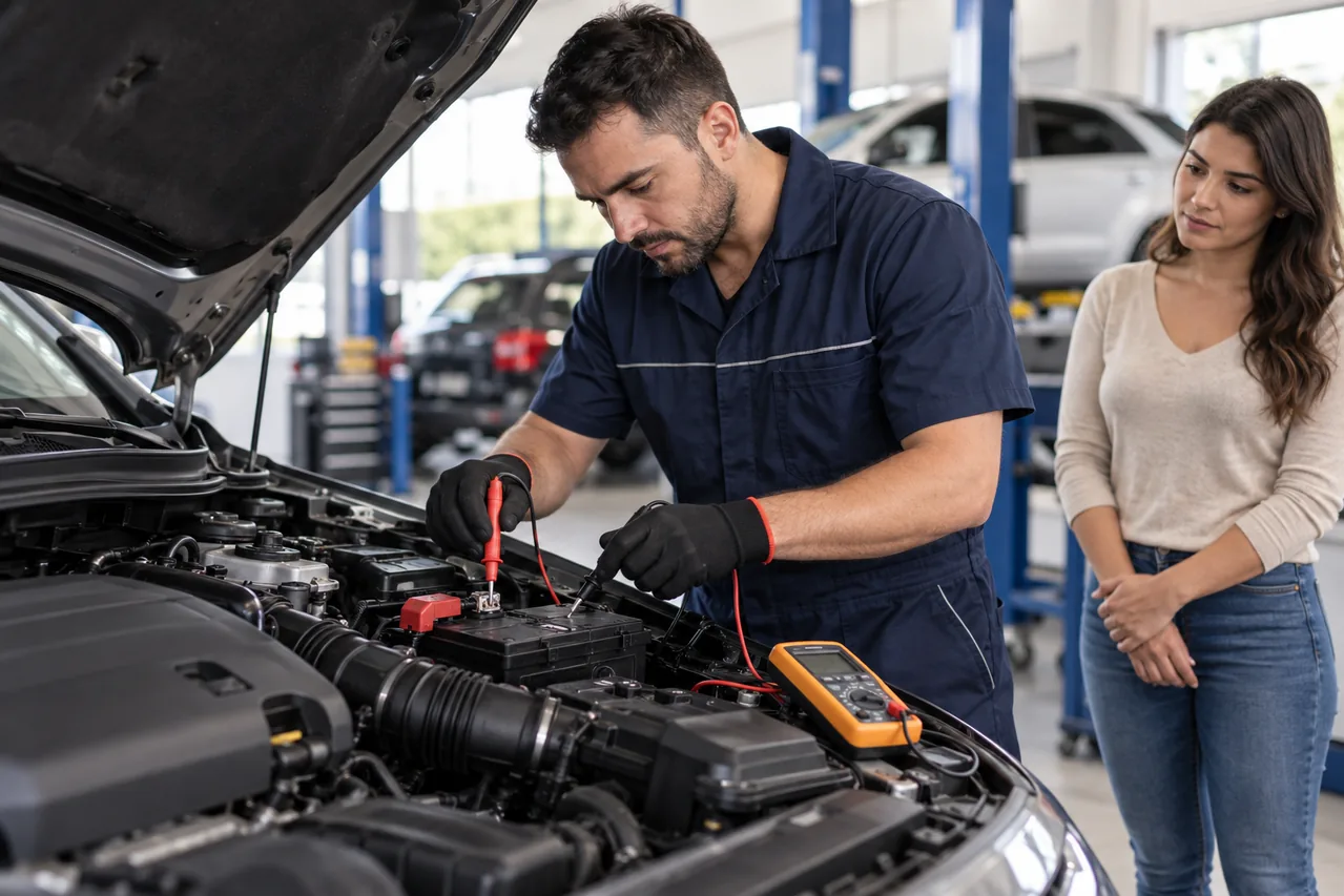 Técnico diagnosticando bateria e alternador de carro que não liga