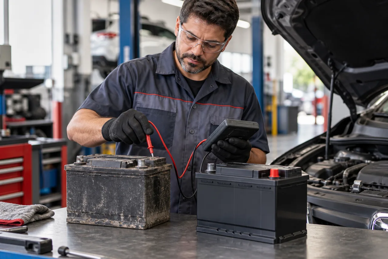 Técnico avaliando a vida útil de uma bateria automotiva