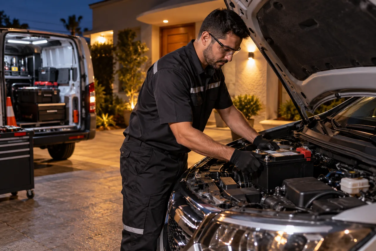 Técnico atendendo bateria automotiva em residência à noite