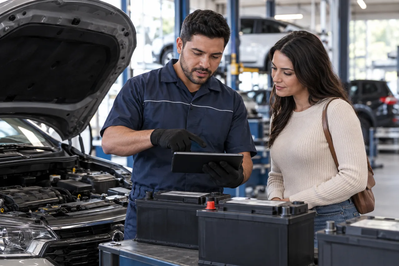 Técnico conferindo a bateria correta para o modelo do carro