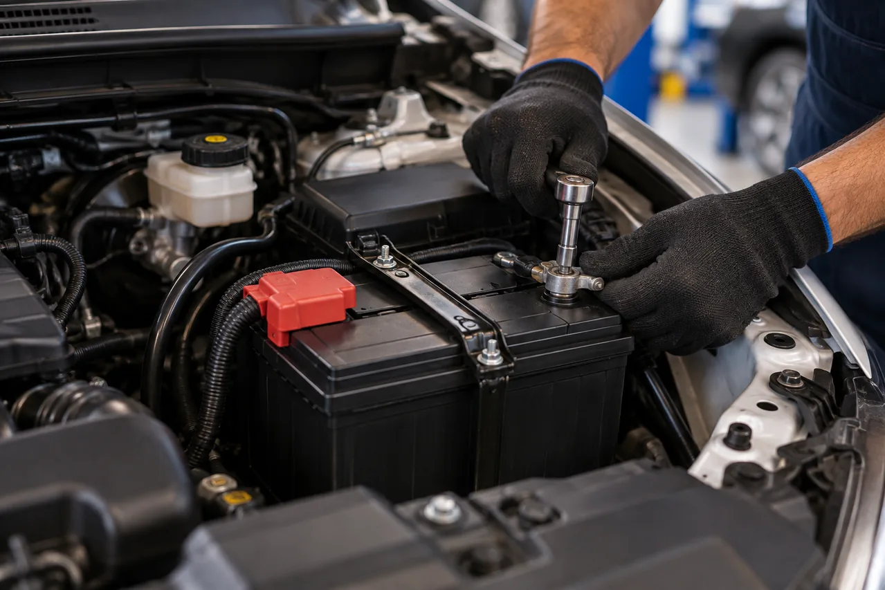 Bateria de carro instalada com terminais e suporte firmes