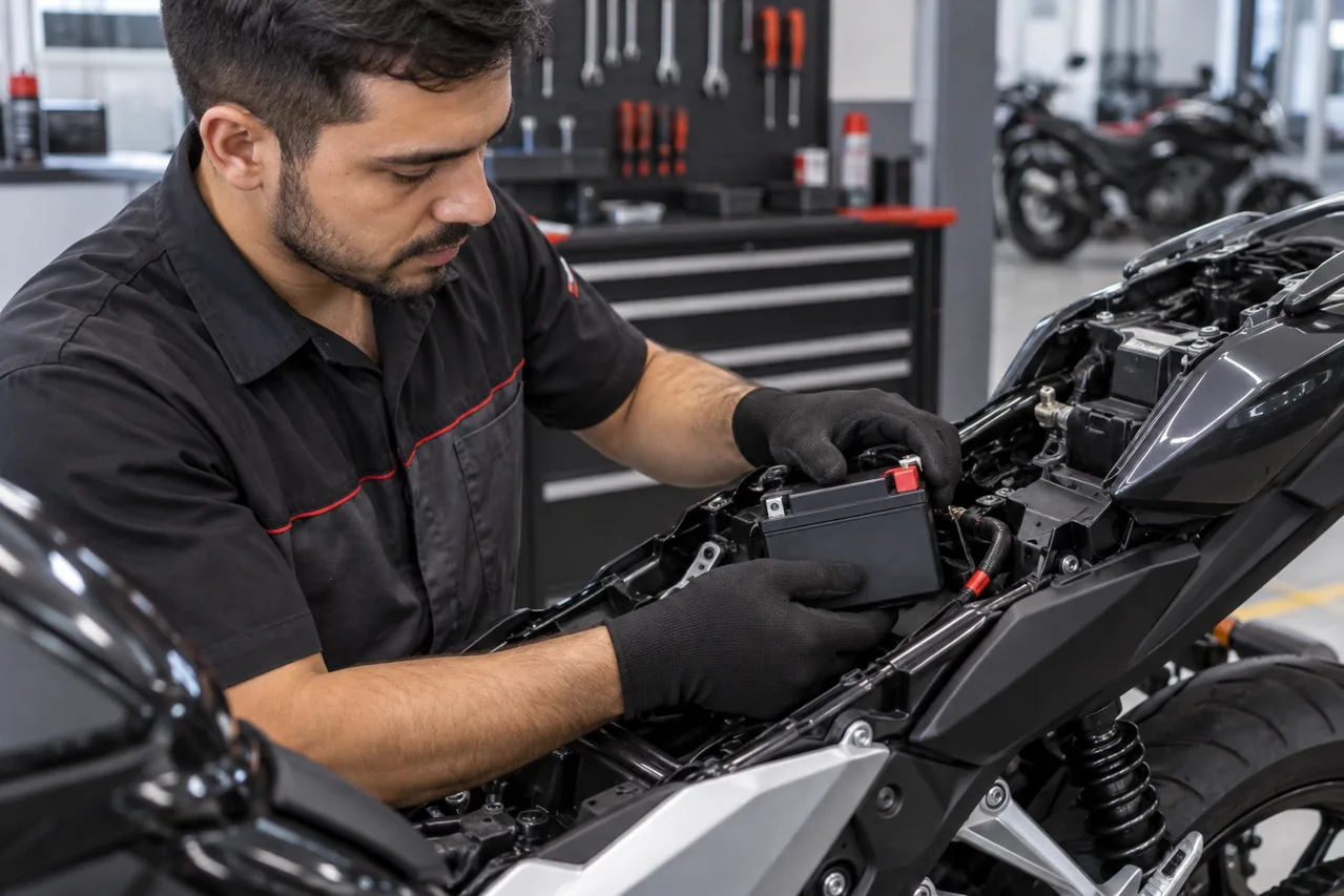 Instalação de bateria para moto em oficina especializada