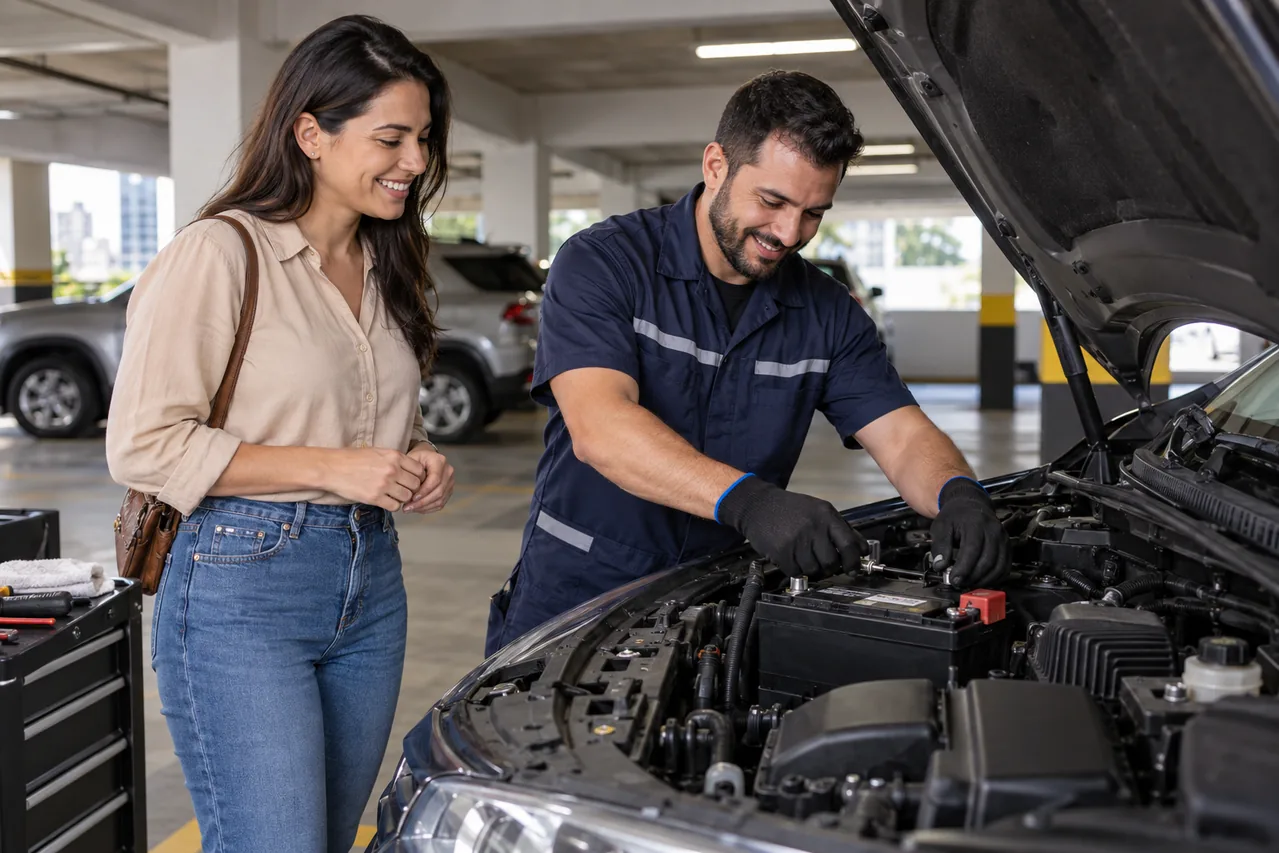 Instalação de bateria automotiva na garagem do cliente