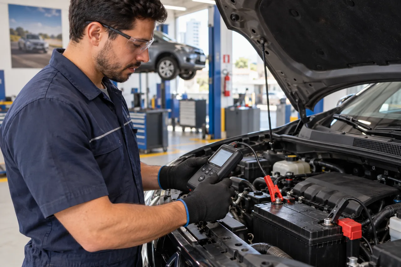 Teste de bateria automotiva com analisador digital