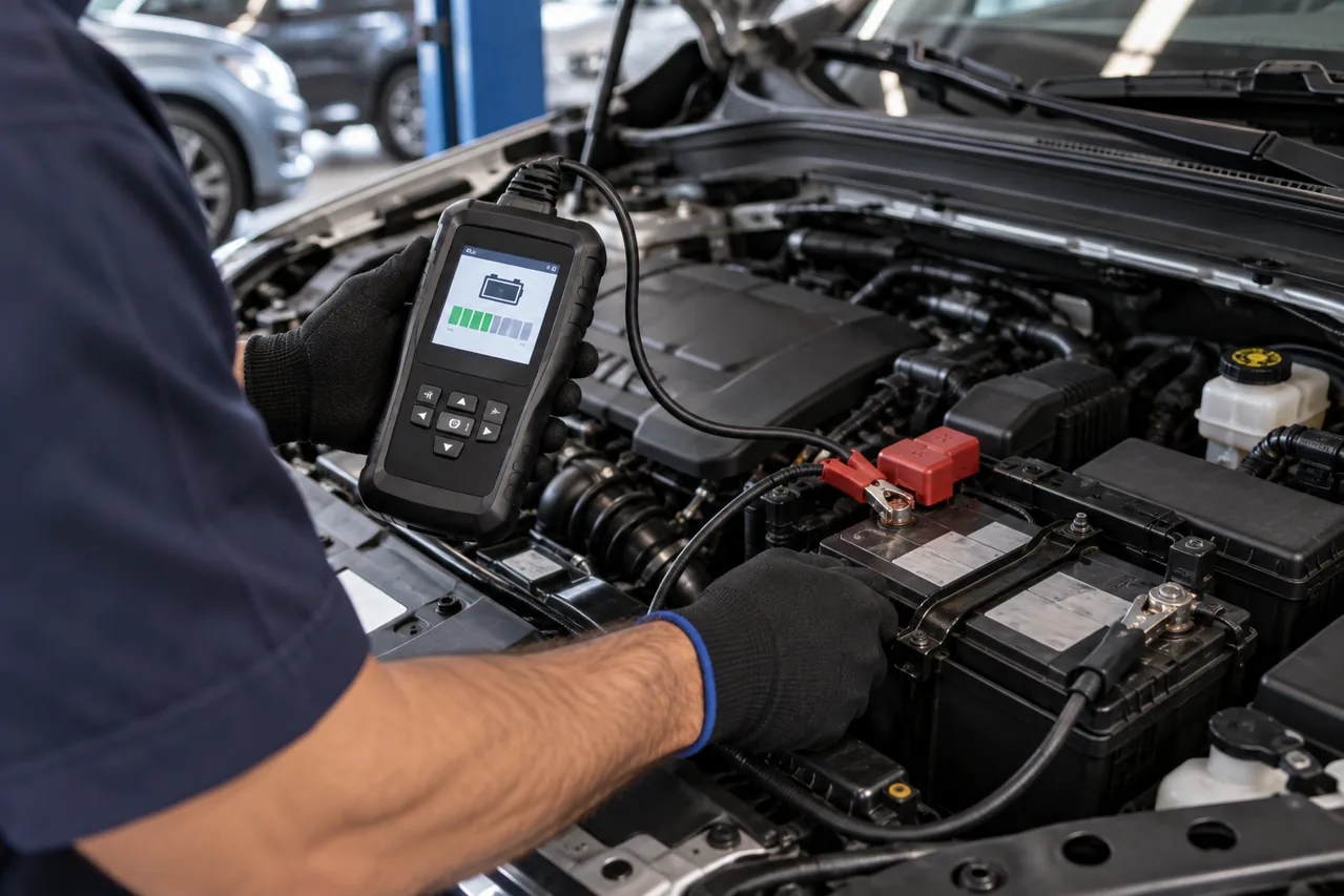 Analisador conectado aos terminais da bateria do carro