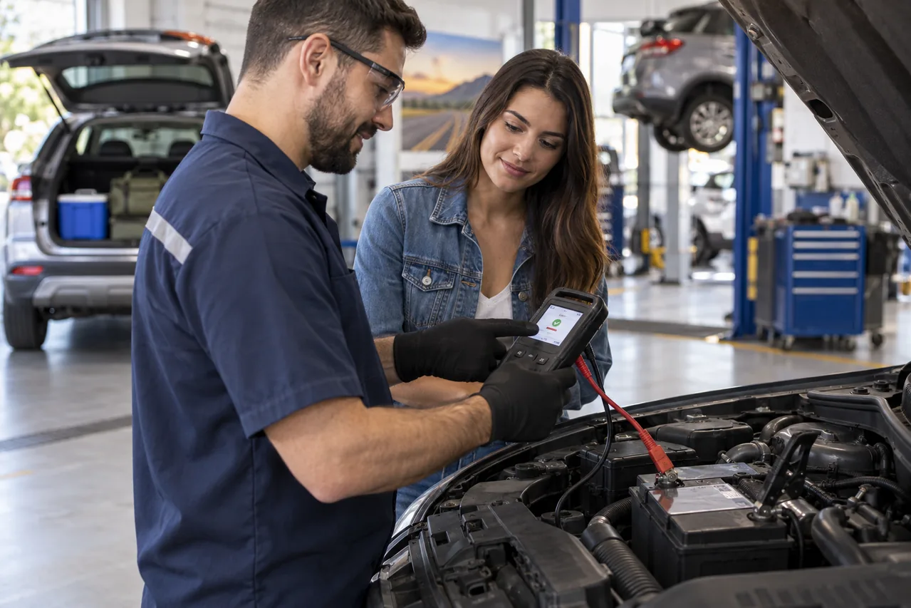 Técnico explicando resultado do teste de bateria ao motorista