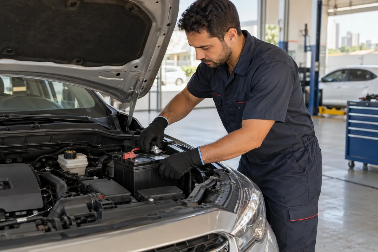 Técnico realizando troca de bateria automotiva em Sorocaba