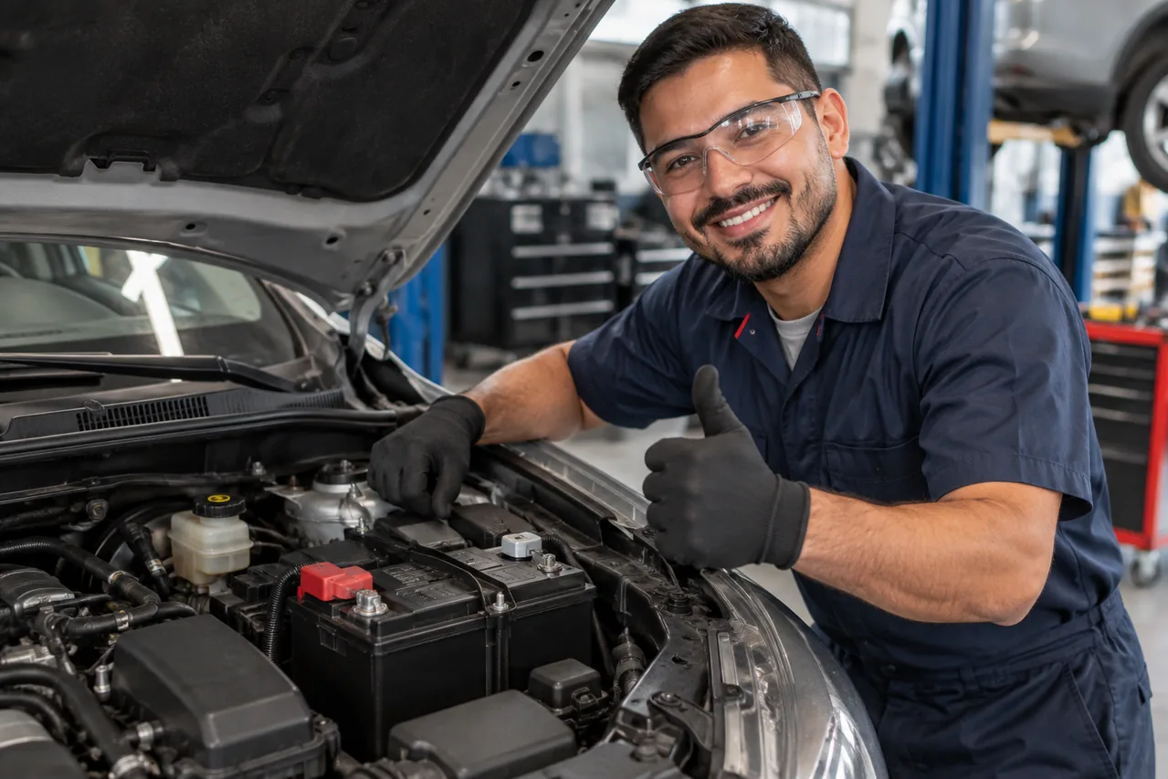 Bateria automotiva nova instalada e fixada no carro